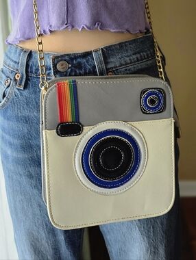 Cute Polaroid Camera Crossbody Purse w/ Gold Tone & Leather Strap